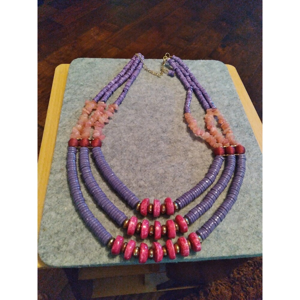 Beaded Necklace 3 Strand Purple Pink Statement‎ Fashion Jewelry